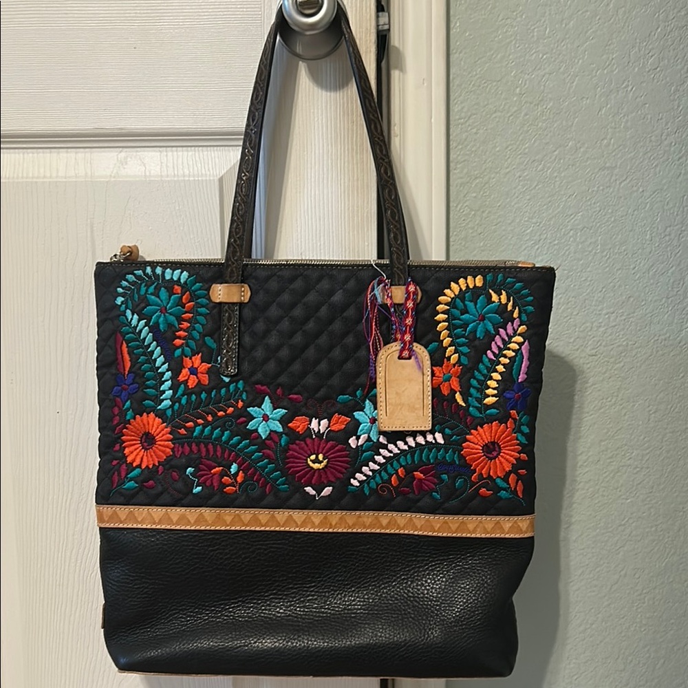 Consuela Embroidered Black and Brown floral Tote Bag